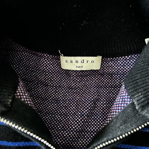 Sandro Black Zip-Neck Wool Knit Sweater with Blue Stripe Accent - Picture 2 of 5